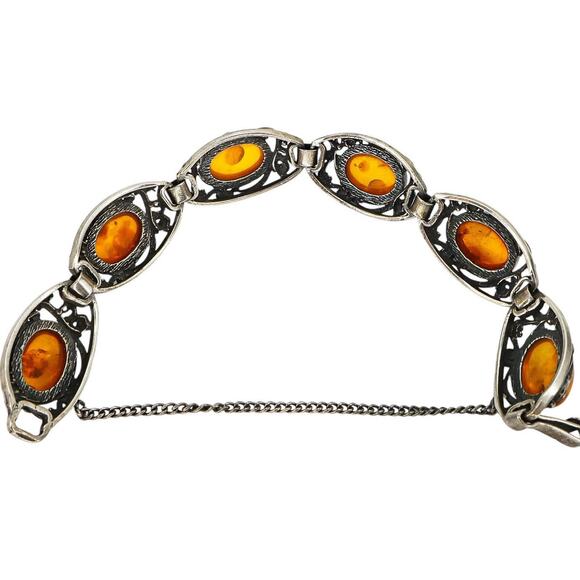 Sterling Silver Filigree Bracelet Baltic Amber Cabs Eastern European 7.5 In Read - Picture 9 of 14